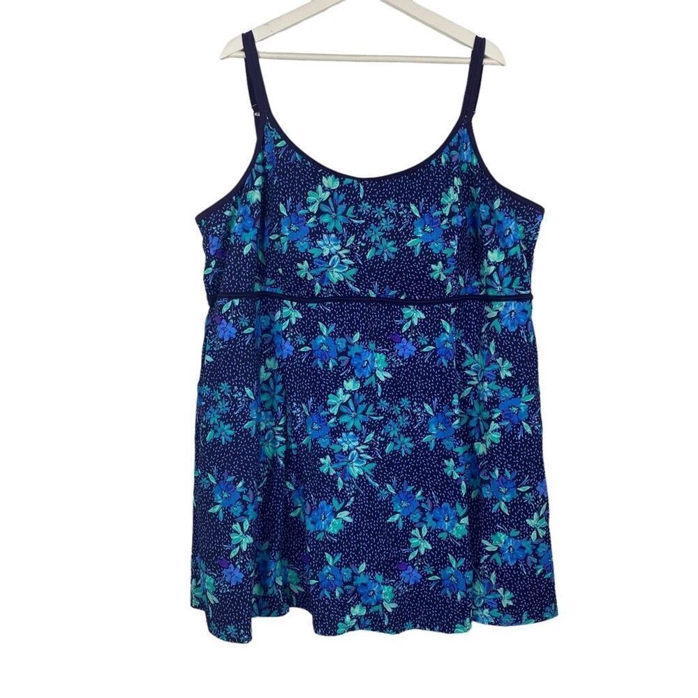 Swimsuits For All Woman's size 30 Blue Floral Print Swim Dress with built in One